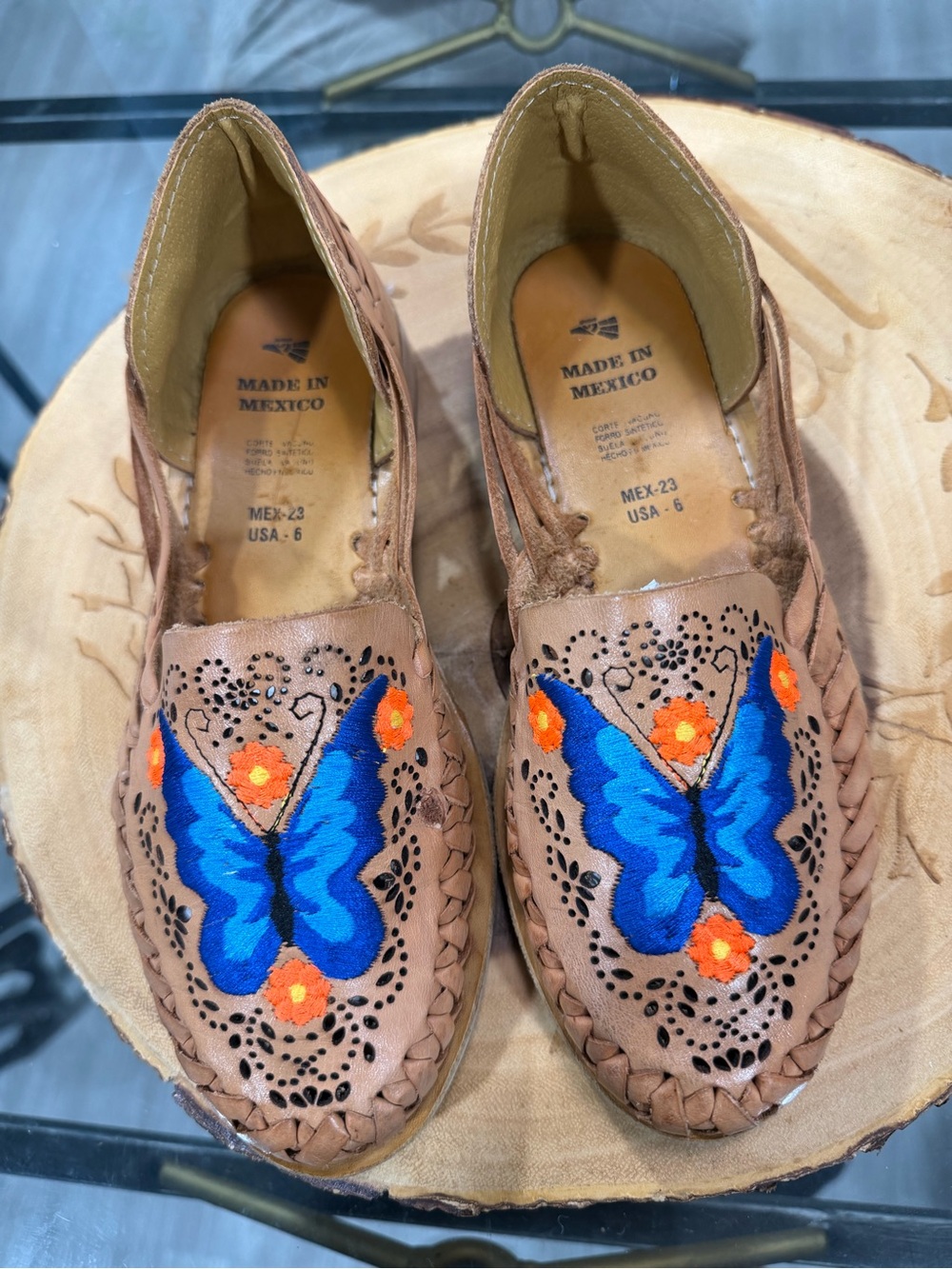 Handmade Tan Leather Moccasins with Blue Butterfly Embroidery